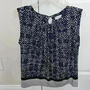 Calvin Klein Pleated Neck Blouse SZ Medium Purple Black Sleeveless Abstract Top